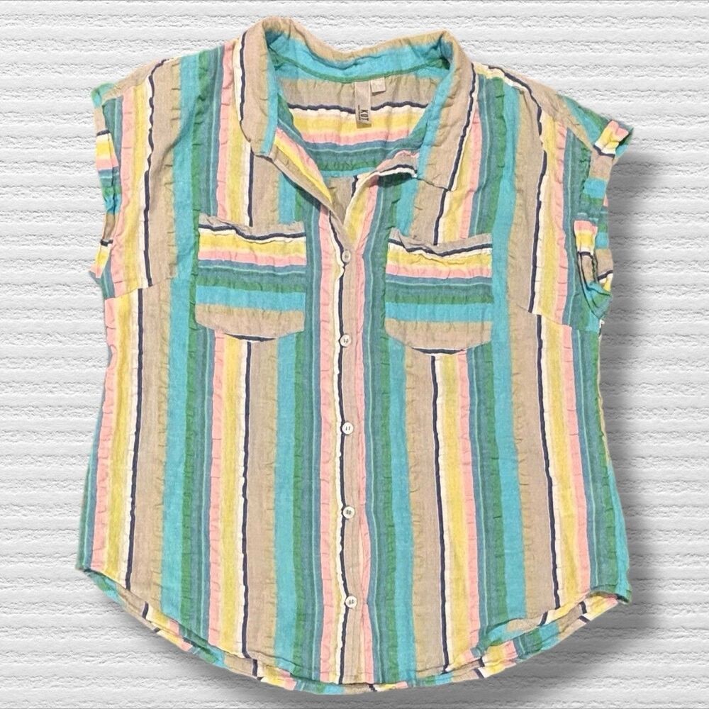 KUT from the Kloth Dorrie Button Up Top Womens L Multi Pastel Stripe Cotton